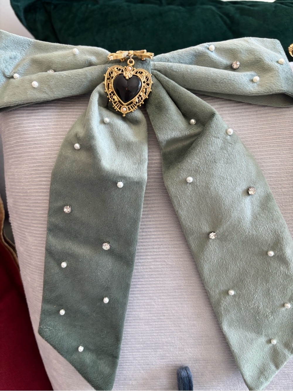 Elegant Pearl & Crystal Sage Green Holiday Bow Wreath Accent